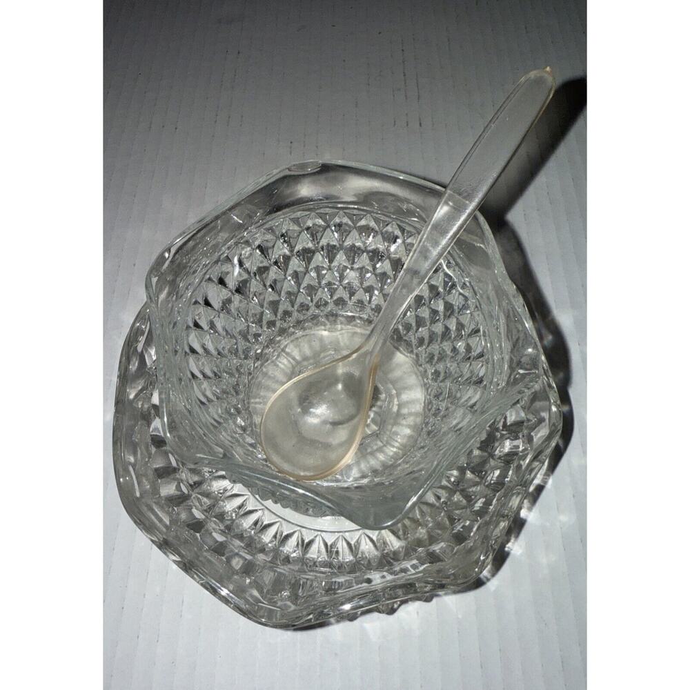 Indiana Glass Diamond Point Mayo/Sauce 3 Piece Set Bowl plastic Spoon Under Dish
